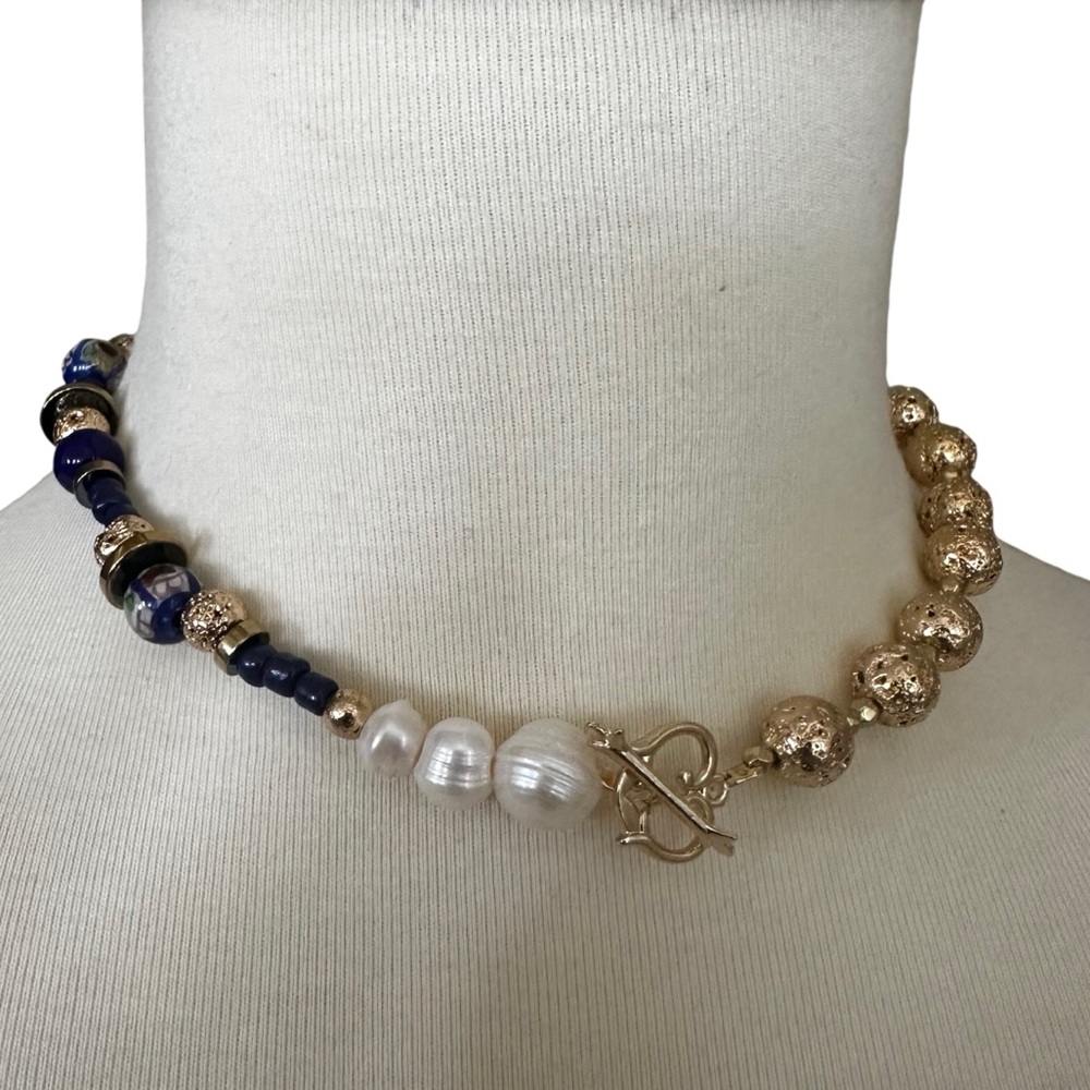 Necklace Handmade glass bead semi precious stone freshwater pearl toggle gold